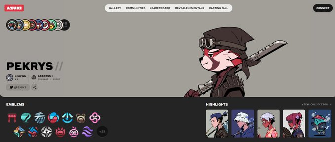 A profile page on the ASUKI platform showing a character named 'PEKRYS' with 'LEGEND' tier and address 'C0D46A...Y6507', featuring emblems and highlights collection.