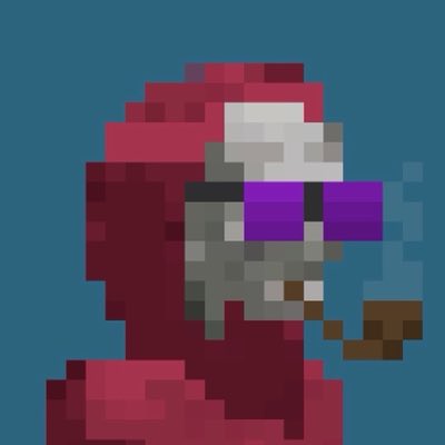 Pixel art image of a red-hooded figure wearing purple-tinted goggles smoking a brown pipe, set against a solid blue background.