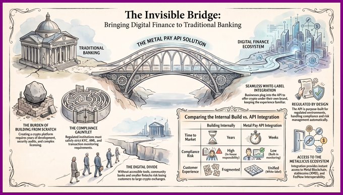 An infographic titled 'The Invisible Bridge: Bringing Digital Finance to Traditional Banking,' illustrating 'THE METAL PAY API SOLUTION' and comparing 'Building Internally' vs 'API Integration'.