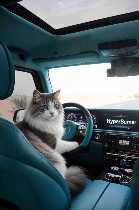 A fluffy cat with blue eyes sits in the driver's seat of a teal car, with a dashboard display showing the word "HyperBurner".