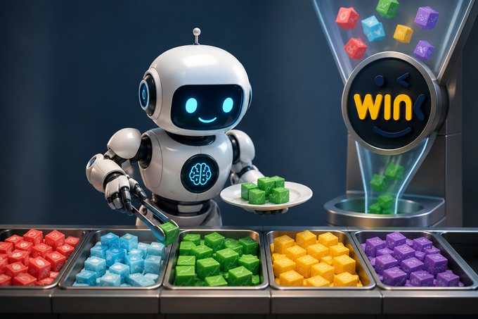 A 3D render of a small white robot with a blue glowing smile holding tongs and a plate of green cubes, standing in front of trays filled with colorful cubes and a "WIN" sign.