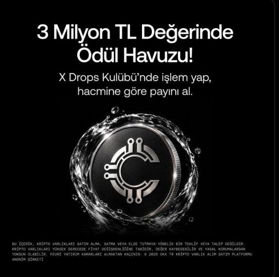 A promotional graphic with a dark background displaying a metallic coin surrounded by water splash, with Turkish text reading '3 Milyon TL Değerinde Ödül Havuzu!' (3 Million TL Prize Pool!) and mentioning X Drops Club with a 2026 cryptocurrency disclaimer.