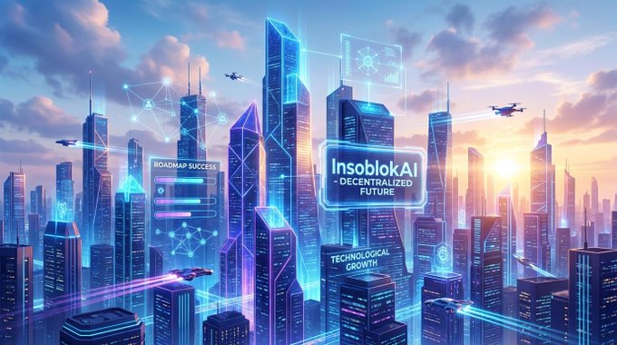 A futuristic sci-fi cityscape illustration at sunset featuring skyscrapers with digital overlays, showcasing the InsoblokAI project with text reading 'DECENTRALIZED FUTURE,' 'ROADMAP SUCCESS,' and 'TECHNOLOGICAL GROWTH.'