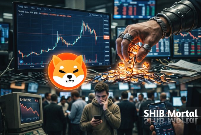 A dramatic trading scene features a hand adorned with rings gathering Shiba Inu ($SHIB) coins beneath a price chart, while a worried-looking investor in the foreground checks his phone amid a busy exchange floor displaying "SHIB/USD" and "SHIB INJ" tickers with the text "SHIB Mortal" overlaid.

The image visually reinforces the post's "smart money vs. retail" narrative—contrasting the hand collecting SHIB tokens (symbolizing whales accumulating during the dip) with the anxious retail investor, illustrating the classic divergence between large holders buying while smaller traders hesitate.