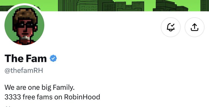 A verified Twitter/X profile for "The Fam" (@thefamRH) featuring a pixel-art avatar and the tagline "We are one big Family. 3333 free fams on RobinHood," promoting a free mint giveaway for their NFT collection.