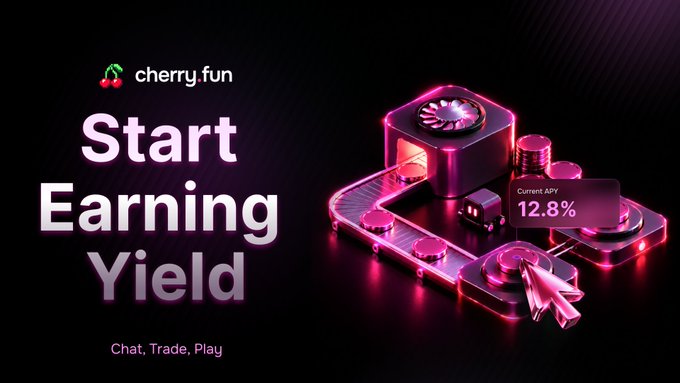 A neon black-and-magenta Cherry.fun promotional graphic reads “Start Earning Yield” and “Chat, Trade, Play,” alongside a futuristic computer illustration showing “Current APY 12.8%.” It illustrates the post’s message of earning yield on idle USDC through the same Cherry.fun app used for chatting, linking the 12.8% display to the cited “up to 8.85%” Cherry Earn offer at chat.cherry.fun/@earn.