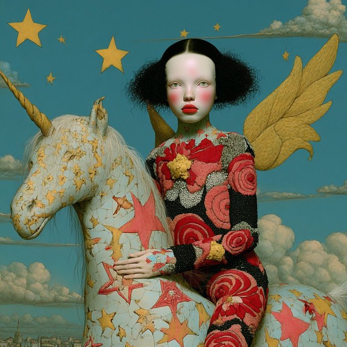 A surreal portrait of a pale figure with dark, structured hair, wearing a floral outfit and golden wings, posing with a white and gold unicorn against a teal sky with stars and clouds.