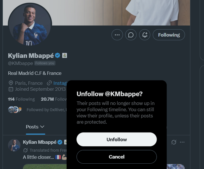 A screenshot of X (formerly Twitter) showing Kylian Mbappé's verified profile (@KMbappe) with 20.7M followers, overlaid with a confirmation dialog asking "Unfollow @KMbappe?" with options to Unfollow or Cancel.