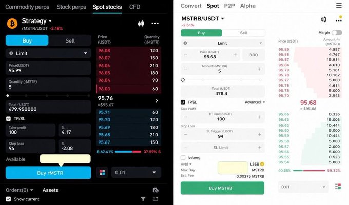 The image displays a side-by-side comparison of two cryptocurrency trading interfaces for MicroStrategy ($MSTR), with the left showing a Bitget rToken order book at 95.68 USDT (-2.61%) and the right showing another platform's spot trading interface with the same MSTR/USDT pair at 95.68 USDT. The comparison highlights differences in pricing depth, liquidity, and order book structure between tokenized stock offerings, illustrating the author's point that not all tokenized stocks are created equal.