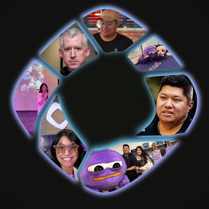A circular collage framed in glowing blue displays various photos including people, a stage presenter, and a purple mascot character.