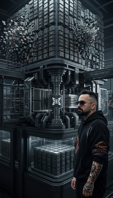 A man with a beard, sunglasses, and tattoos stands in a futuristic server room beneath a massive cube of stacked server racks labeled 'THE ISOLATION TEST'.