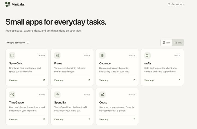 A webpage for 'MiniLabs' displaying the headline 'Small apps for everyday tasks,' featuring a grid of seven macOS app cards such as SpareDisk, Frame, Cadence, and onAir.