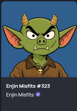 An NFT profile picture of a green goblin character labeled "Enjin Misfits #323" with a gold skull chain.