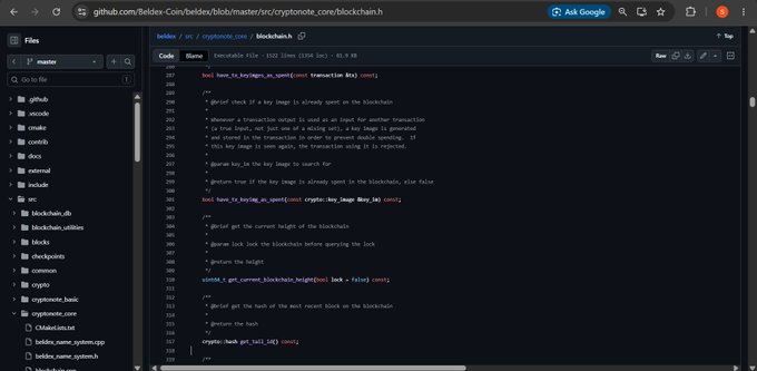 A GitHub code repository page showing C source code for a file named `blockchain.h` under the path `beldex-Core/beldex/src/cryptonote_core`, featuring functions related to blockchain height and transaction spending.