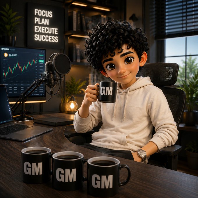 An animated character with curly hair sits at a desk holding a black "GM" mug, surrounded by three additional "GM" mugs, with a Bitcoin chart, microphone, and "FOCUS PLAN EXECUTE SUCCESS" poster in the background.

The image visually reinforces the "Good morning" greeting by prominently displaying multiple "GM" mugs, while the Bitcoin chart and motivational poster complement the crypto-focused tone of wishing $ANSEM a great day.