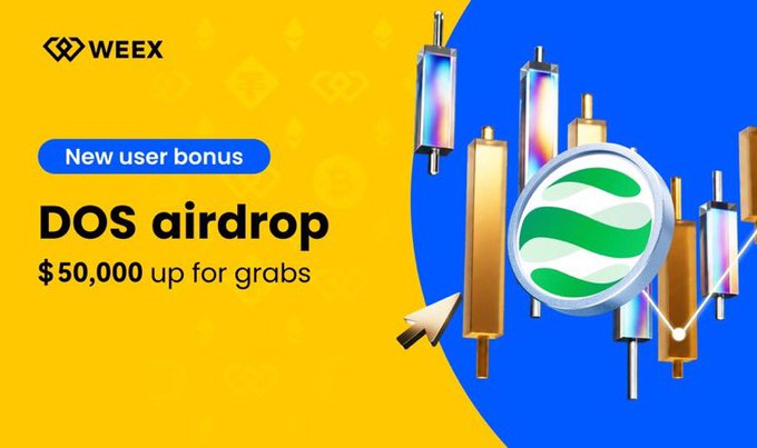 A promotional banner for WEEX featuring 'New user bonus' for a 'DOS airdrop' with '$50,000 up for grabs' alongside cryptocurrency trading chart graphics.