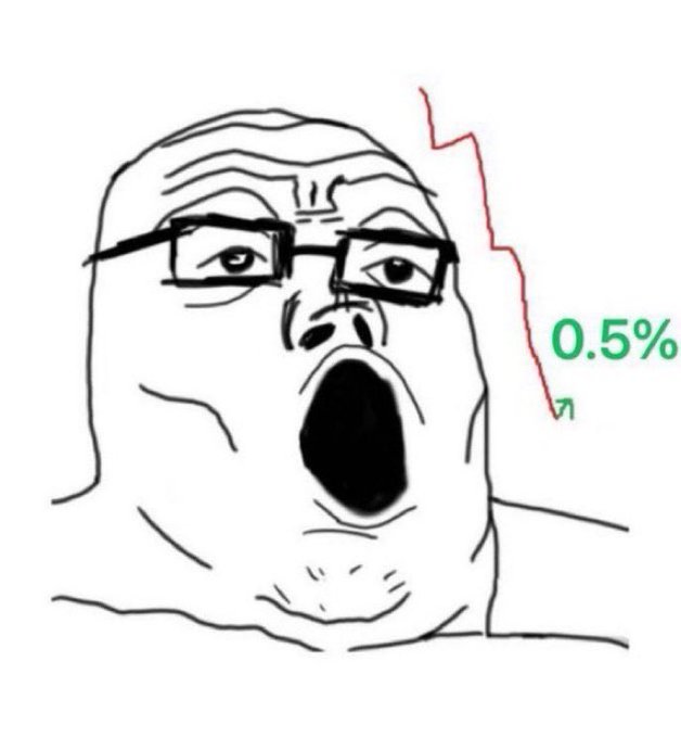 In the image, there's a graphic drawing of an angry-looking face with glasses and a mouth open wide. The text accompanying the drawing suggests that this person could be a crypto analyst or a KOL expressing frustration about the market drop. This drawing is part of a meme showing how people are reacting to the negative news in the cryptocurrency world, possibly highlighting the difficulties they're facing due to the dropping prices of various cryptocurrencies like Bitcoin and others. The image also includes numbers in green text that represent a percentage decrease in the cryptocurrency value over time.