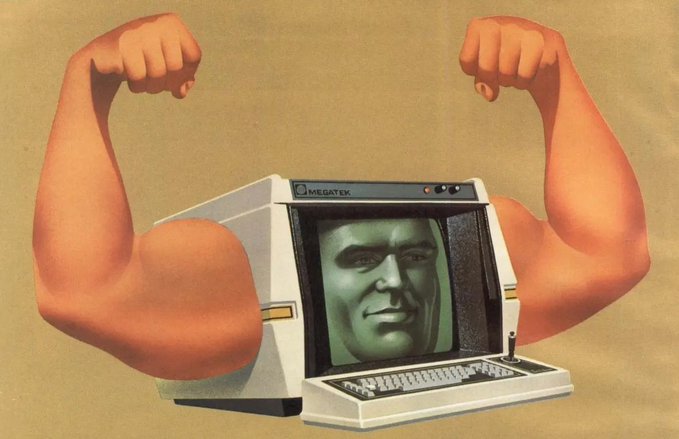 Surreal retro-style illustration of a vintage Mediatek computer monitor with a man's face on the screen, depicted with muscular cartoon arms flexing in a strongman pose against a tan background.