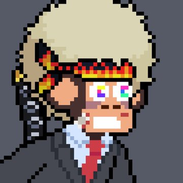 A pixel art portrait of a character with blonde afro hair, a flame-patterned headband, heterochromia eyes, and a wide toothy grin wearing a suit.
