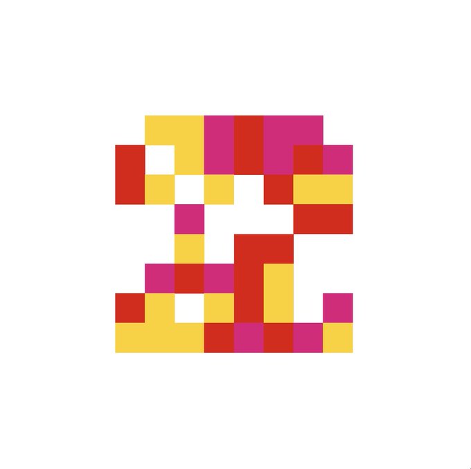 A pixelated number '2' designed in red, yellow, and pink colors on a white background.