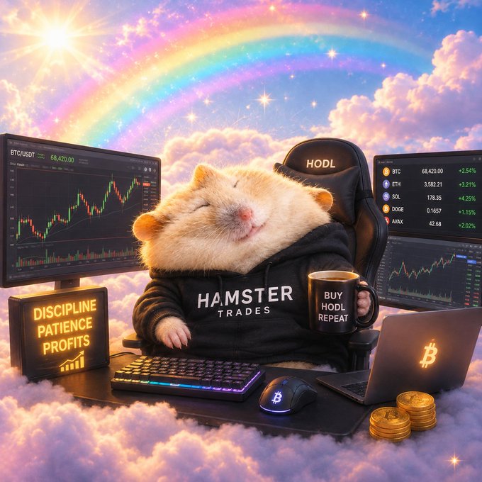 A relaxed hamster wearing a "HAMSTER TRADES" hoodie sits contentedly at a multi-screen trading setup displaying BTC at 68,420.00 and other crypto tickers (ETH, SOL, DOGE, AVAX), holding a "BUY HODL REPEAT" mug beside a laptop marked with the Bitcoin logo and a glowing "DISCIPLINE PATIENCE PROFITS" sign. The image perfectly matches the post's "HODL" message, personifying a disciplined crypto trader enjoying gains under a rainbow—fittingly paired with the shared Solana contract address as a playful mascot endorsement.