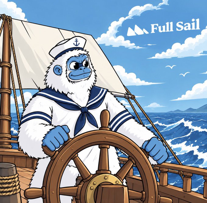 A cartoon illustration of a blue-faced yeti dressed as a sailor at the helm of a ship, with the 'Full Sail' logo in the upper right corner against a backdrop of the ocean and sky.
