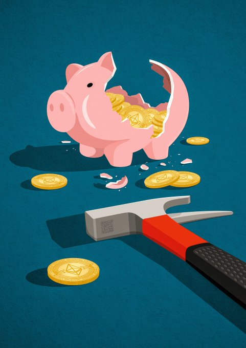 An illustration of a broken pink piggy bank spilling gold Ethereum coins, with a hammer lying next to it on a teal background, symbolizing crypto losses or 'piggy bank' hacking.
