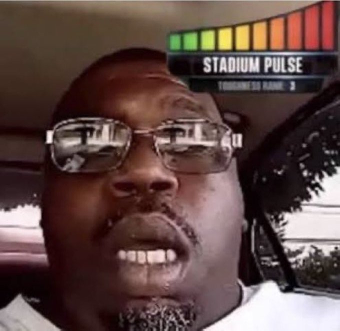 A man wearing glasses is shown with a "STADIUM PULSE" meter overlay in the top right corner of the image.