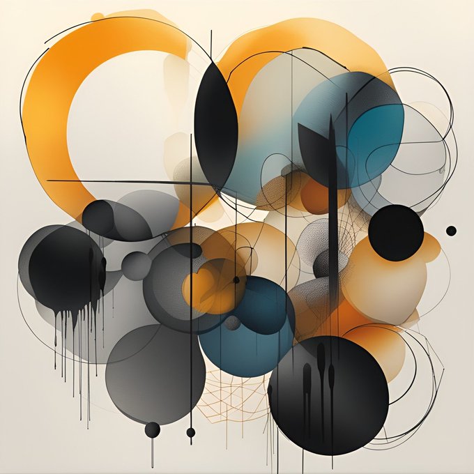An abstract digital artwork featuring overlapping translucent circles and shapes in orange, blue, gray, and black with paint-drip effects on a cream background.