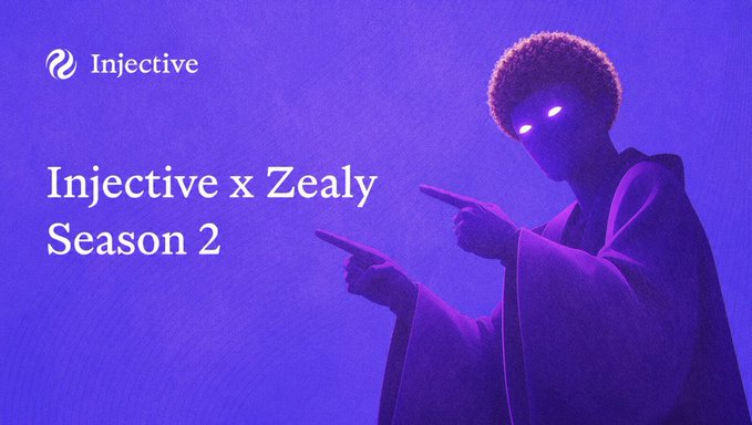 A purple-hued promotional graphic features the Injective logo alongside the text "Injective x Zealy Season 2," depicting a hooded figure with glowing eyes pointing forward. The image ties directly into the post's announcement that Injective's Zealy program has become more accessible, allowing non-top-ranked creators to earn rewards.