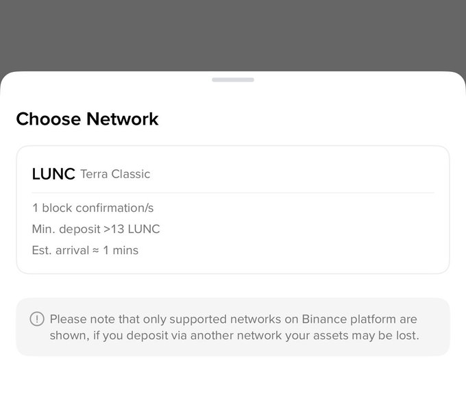 The image shows a Binance "Choose Network" screen displaying the LUNC (Terra Classic) deposit network option, detailing a 1-block confirmation time, minimum deposit of >13 LUNC, and estimated arrival of ~1 minute, alongside a warning about using only supported networks. This relates to the announcement of Binance reactivating LUNC and USTC deposit/withdrawal services on the Terra Classic network.