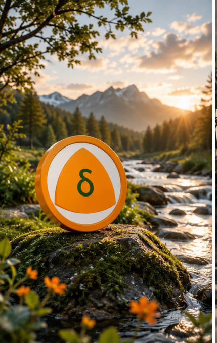 An orange disc featuring the Sui (SUI) cryptocurrency logo resting on a mossy rock in a scenic mountain landscape with a flowing stream at sunset.