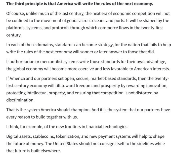 The image shows an excerpt from a speech outlining a third principle that "America will write the rules of the next economy," focusing on digital commerce, financial technologies, and standards for digital assets, stablecoins, tokenization, and new payment systems. The caption "Incredible" likely reflects agreement with the policy stance advocating for U.S. leadership in shaping global economic standards, particularly in emerging fintech and digital currency domains.