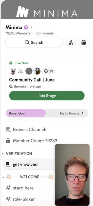 A screenshot of the Minima Discord/community page showing 70,868 Members, a live 'Community Call | June' event with 23 participants, and a member count of 79,283, with channel options like get-involved, start-here, and role-picker visible.