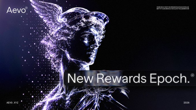 A dark promotional graphic features a glowing purple crystalline statue of a winged angel figure, with "Aevo" branding in the top-left, the headline "New Rewards Epoch." across the center, and "AEVO.XYZ" and "2026" displayed at the bottom, visually announcing the launch of the platform's latest weekly $AEVO rewards distribution.