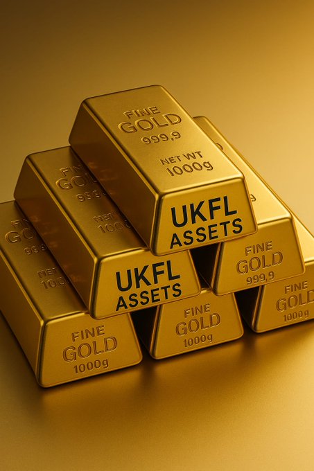A 3D render of stacked gold bars stamped with 'FINE GOLD 999.9', 'NET WT 1000g', and 'UKFL ASSETS'.