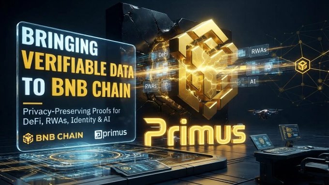 A promotional graphic for Primus reads 'BRINGING VERIFIABLE DATA TO BNB CHAIN' with the subtitle 'Privacy-Preserving Proofs for DeFi, RWAs, Identity & AI', featuring the BNB Chain logo.