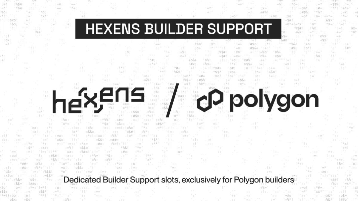 The image features a white background with black text that reads "Hexens Builder Support". Below this, there's an illustration of a hexagon symbol surrounded by smaller hexagons. The text also mentions that Hexens supports Polygon builders, indicating their dedication to supporting Polygon users.
