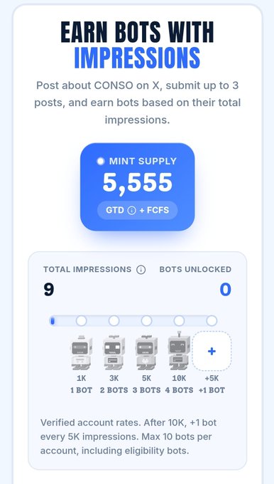 A graphic showing "EARN BOTS WITH IMPRESSIONS" with a mint supply of 5,555 CONSO tokens, featuring a tier system where 1 bot unlocks at 1K impressions, scaling up to 10 bots at 10K+ impressions, with the user having 9 total impressions and 0 bots unlocked—likely promoting the CONSO project's impression-based bot reward system to their post about the project.