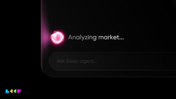 The image shows a dark interface with a glowing pink ring animation next to the text "Analyzing market..." above an input field reading "Ask Beep agent..." This visually represents the post's message about starting a conversation with the Beep agent to analyze market opportunities and execute trades directly via Telegram at app.justbeep.it.