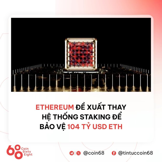 A Vietnamese news graphic from Coin68 titled 'ETHEREUM ĐỀ XUẤT THAY HỆ THỐNG STAKING ĐỂ BẢO VỆ 104 TỶ USD ETH' featuring an image of a microchip.