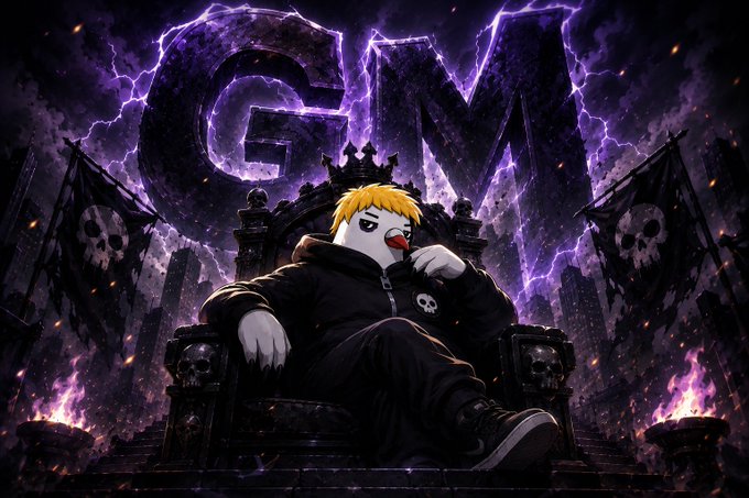 A dramatic digital artwork shows a clown-faced figure with blonde hair sitting on a skull-adorned throne, with large purple letters 'GM' glowing behind them amidst lightning and skull flags.