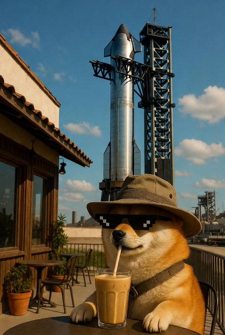 A Shiba Inu dog wearing pixelated 'deal with it' sunglasses and a bucket hat sits at an outdoor cafe table drinking an iced coffee, with a SpaceX Starship rocket on the launch pad in the background.