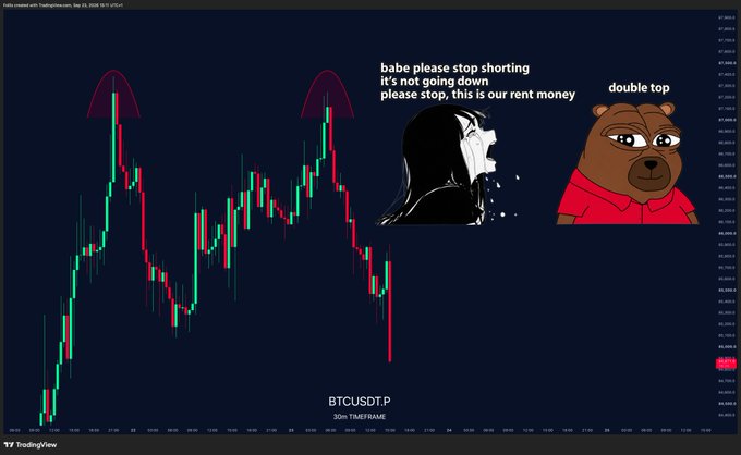 A TradingView chart of BTCUSD with a "double top" pattern labeled on two peaks, accompanied by Wojak and Bear Wojak meme characters with text reading "babe please stop shorting, it's not going down, please stop, this is our rent money" and "double top." The post's "$BTC" tag references the Bitcoin chart shown, which appears to be forming a bearish reversal pattern after two similar highs.