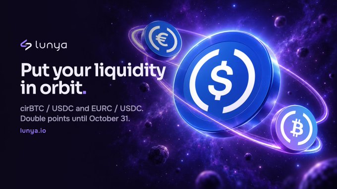 An advertisement for 'Lunya' displaying the text 'Put your liquidity in orbit.' and promoting 'cirBTC / USDC and EURC / USDC' with 'Double points until October 31.' The design features floating cryptocurrency coins against a purple space-themed background.