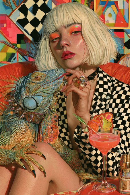 A stylish woman with platinum blonde hair and bold makeup poses with an iguana, a pink cocktail, and drinks in front of a colorful checkered background.