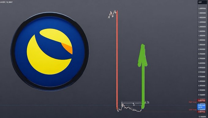 The image shows a financial chart for $LUNC (Terra Luna Classic) featuring a large logo with a yellow crescent moon on the left, alongside a candlestick pattern that displays a recent sharp downward movement (red) followed by a strong upward green arrow, suggesting a potential reversal. The chart includes price levels on the right axis and the text "LUNCX_TM_BINANCE" at the top, visually reinforcing the post's thesis of a deceptive bearish move setting up for an explosive bullish rally.