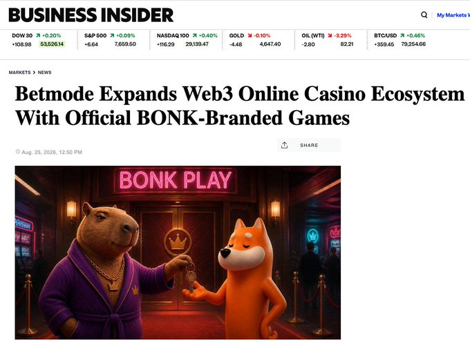 A Business Insider article titled 'Betmode Expands Web3 Online Casino Ecosystem With Official BONK-Branded Games' dated Aug. 25, 2026, featuring an AI-generated image of a bear in a purple robe and a Shiba Inu dog at a 'BONK PLAY' casino.