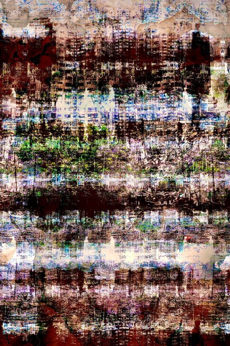 A chaotic, glitch-art style abstract image with distressed textures, overlapping color blocks, and digital artifacts in dark reds, blues, greens, and blacks, evoking a fractured cityscape or corrupted data feed. The accompanying text "Last 2 ed. 𝙈𝙤𝙩𝙚𝙩 𝙤𝙛 𝙖 𝙏𝙧𝙖𝙜𝙚𝙙𝙮" suggests the artwork visually mirrors a tragic, unsettling moment—its broken, layered forms conveying disarray and emotional turbulence.