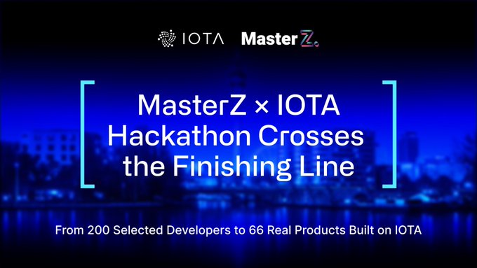 A promotional banner reading 'MasterZ x IOTA Hackathon Crosses the Finishing Line - From 200 Selected Developers to 66 Real Products Built on IOTA' with the IOTA and MasterZ logos.